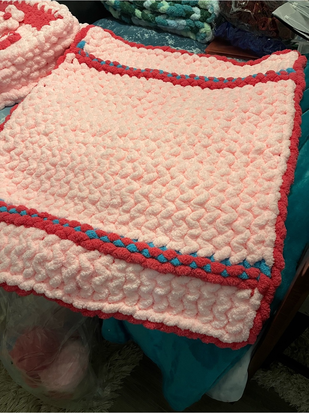 Handmade Plush Crochet Baby Blanket - Pink with watermelon & turquoise Accents